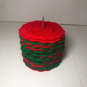 Vintage Hand Crocheted Christmas Coasters & Holder Set Of 20 Green Red Holiday